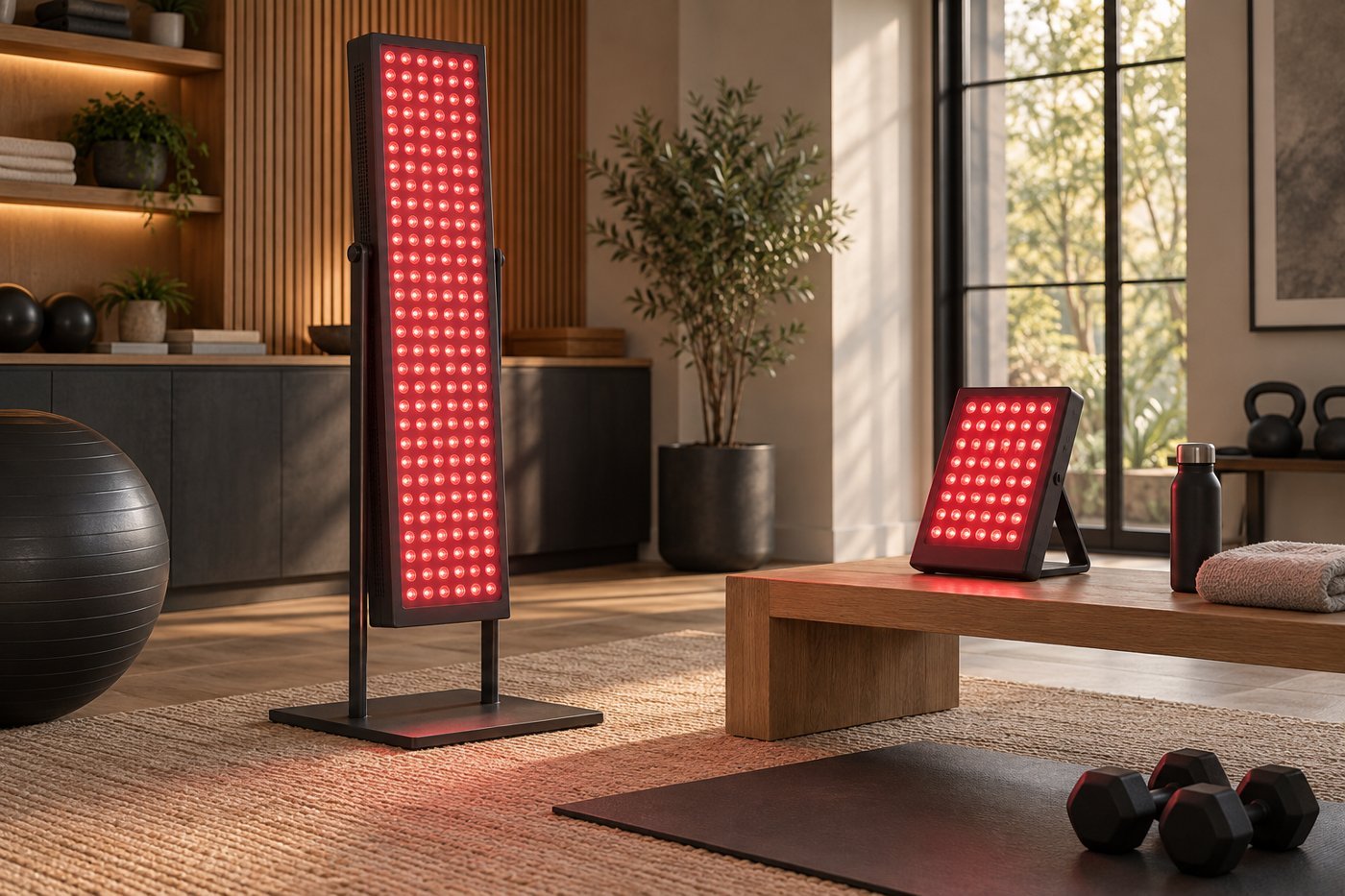 AI-generated editorial illustration of tall and tabletop red light panels