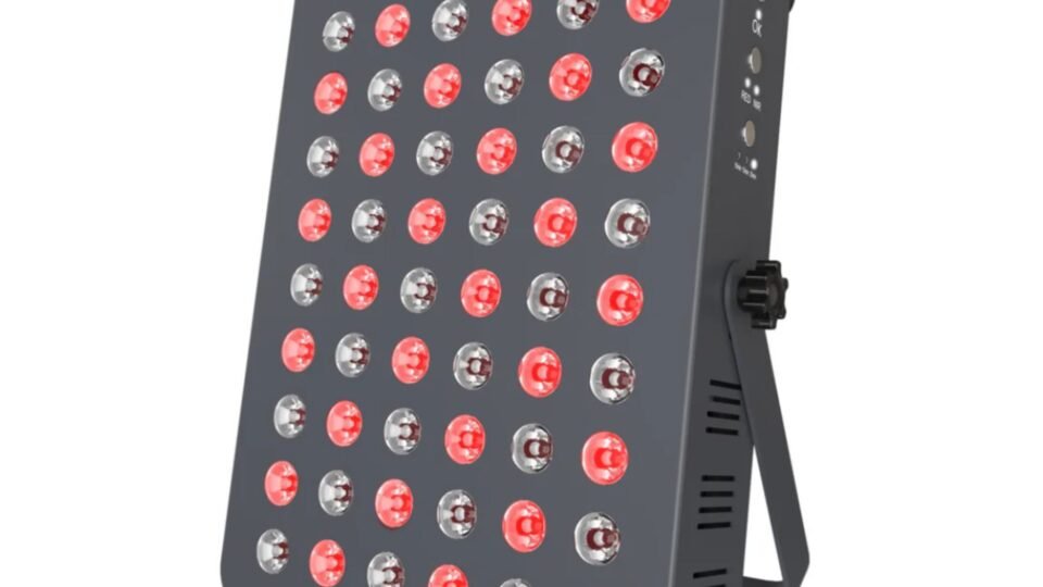 Hooga HG300 compact red light therapy panel, glowing red — manufacturer product photo