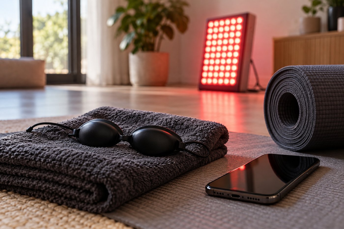 Illustration of protective goggles and home red light session accessories